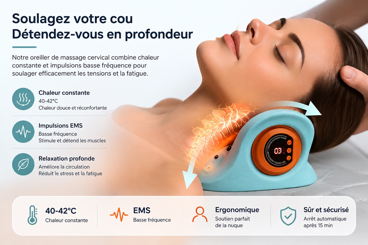 Le NeckPulse en usage : chaleur constante 40-42 °C, impulsions EMS basse fréquence, relaxation profonde, soutien ergonomique de la nuque et arrêt automatique après 15 minutes
